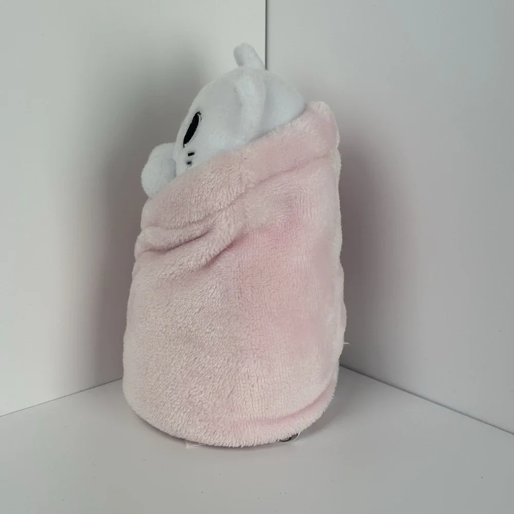 UNCUTE PURRITOS MOCHI WHITE KITTEN BABY WRAPPED IN PINK LOVEY BLANKET PLUSH
